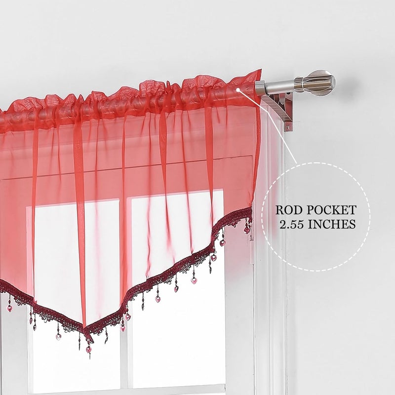 PearAge Beaded Sheer Valance Curtains for Living Room,Rod Pocket Farmhouse Window Valance, Bead Trim Tassel Voile Sheer Curtain Valance for Bedroom Bathroom Cafe 51x24 Inches (Red) 1PC - Image 4